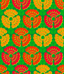 Fototapeta na wymiar Vivid, colorful, repeating flower background on green