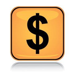 Yellow square icon american dollar with reflection over white