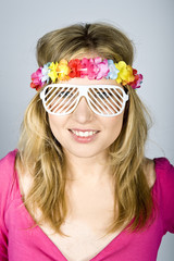 Beautiful happy summer woman in disco sun glasses