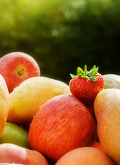 Mixed fruit with focus on single strawberry