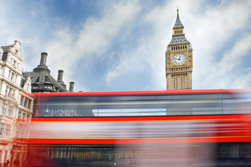 London bus passing in front of Big Ben