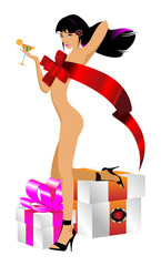 Vector valentine illustration with the nude girl with gifts
