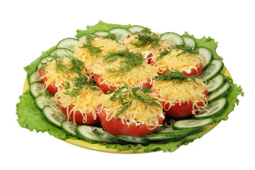 Tomato with cheese and fennel on the white background