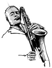 saxophoniste sur fond blanc