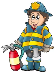 Crédence de cuisine en verre imprimé Pour enfants Fireman holding fire extinguisher