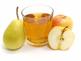 apple and pear with a glass of juice