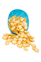 blue bowl with chips has fallen down