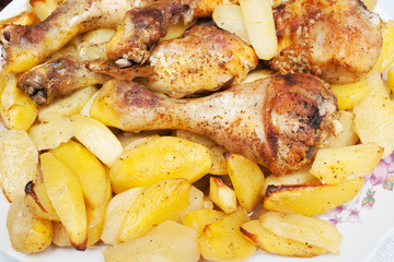 closeup of roasted chicken legs with potatoes