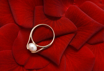 gold ring with pearls in rose petals (focus on the pearl)