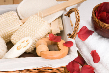 bath and spa accesories in a basket