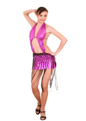 Girl in ball red  dress dance. Isolated.