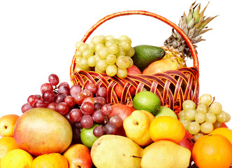 Group of colour fruit in basket. Isolated.