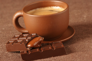 Cup of coffee and chocolate