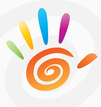 Spiral hand vector design, High hand icon, High five color hand logo, High 5, Vector peace symbol, Graphic hand image, Hand print concept, Peace symbolic hand silhouette spiral circle rainbow.