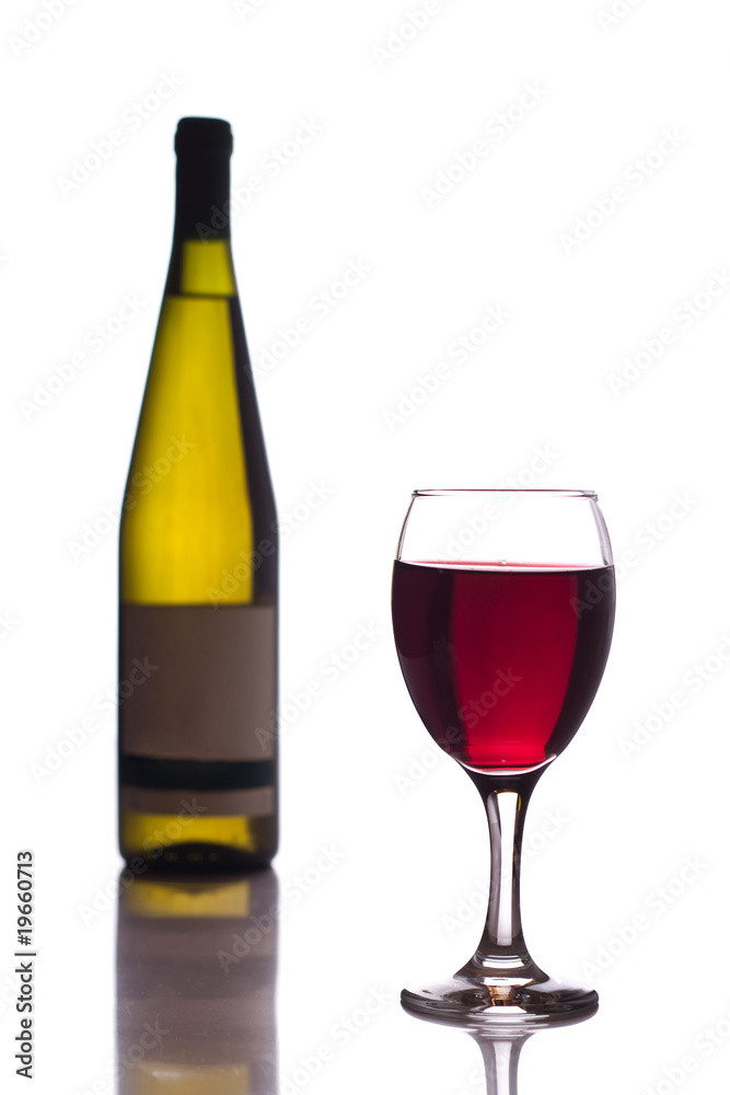 Wall mural bottle and glass of red wine on white background