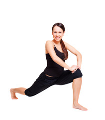 smiley woman doing flexibility exercises