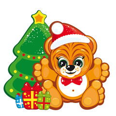Tiger in the Santa hat  with the Christmas tree and gifts