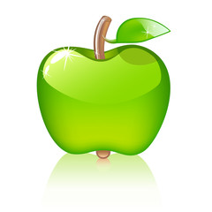 glossy green apple with leaf
