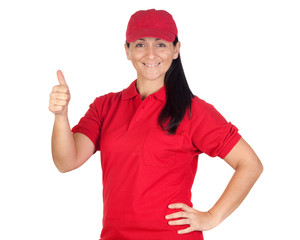 Obraz na płótnie Canvas Brunette dealer with red uniform saying OK