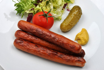 smoked sausage and organic gherkin on a plate