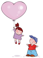 Little girl flies on a pink balloon