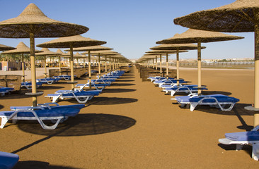 Beach on a sunny day. Hurghada city in Egypt.