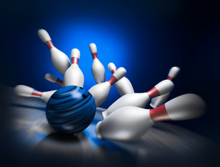 A fun 3d render of a bowling ball crashing into the pins - obrazy, fototapety, plakaty