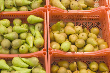 Boxes with pears in a supermarket