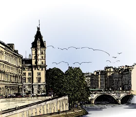 Papier Peint photo Lavable Illustration Paris panoramic view of  river Seine Pont Neuf  bridge