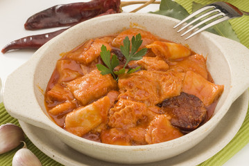 Spanish cuisine. Callos a la madrilena. Stewed tripe, Madrid sty