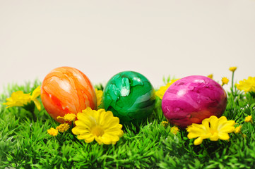Ostereier liegen auf einer Wiese