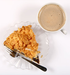 Slice of pie and cup of coffee on white