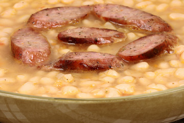 white beans with sausage close up