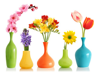Spring flowers in vases - obrazy, fototapety, plakaty