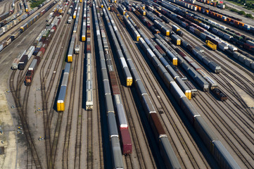 Aerial View of Many Train Cars on Tracks
