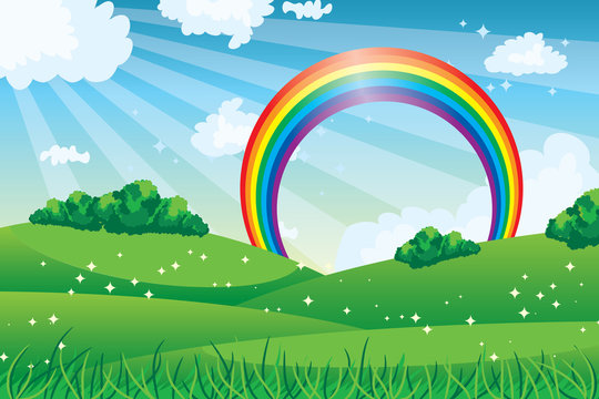 Vector illustrated summer landscape with rainbow