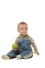 little boy and green apple.