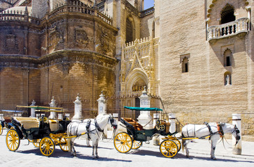 carriages in front of Cathedral of Seville, Andalusia, Spain
