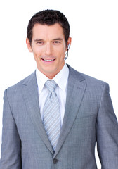 Confident male executive with headset on