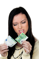 Frau mit halben Euro Geldschein. Steuern.Inflation.
