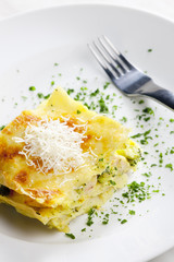 lasagne with broccoli and chicken meat