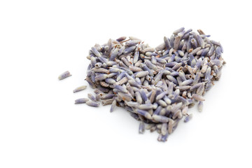 Ein Herz aus Lavendelblüten auf weiß