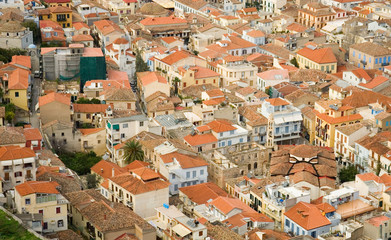 Fototapeta na wymiar Bird view of central Nafplion with red tile roofs