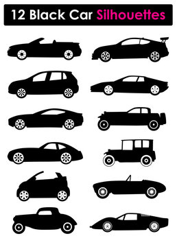 12 Car Silhouettes, Vector Illustration