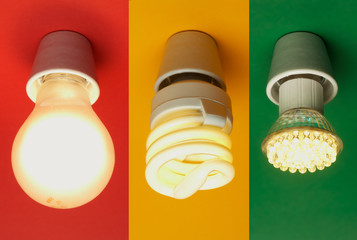 light bulb, energy saving lamp and LED lamp, colored background
