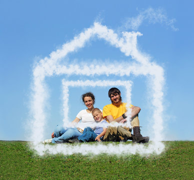 family with son sitting cloud house on meadow collage