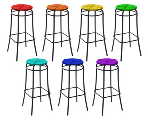 many bar chairs in colors of rainbow, collage
