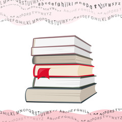 books stack and wavy flying letters collage