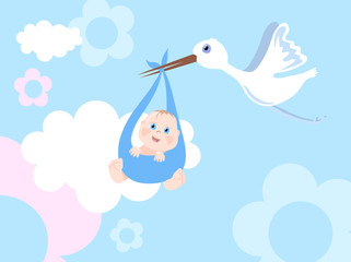 Vector illustration of stork with infant