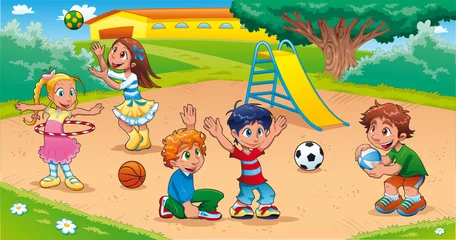 Selbstklebende Fototapeten Kids in the playground. Funny cartoon and vector scene. © ddraw